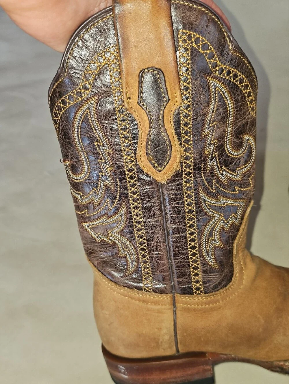 Boys, Two-Tone Tan Western Cowboy Boots with Embroidered Shaft